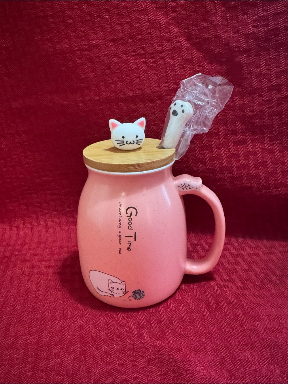 Pink Cat Ceramic Pet Mug with Bamboo Lid